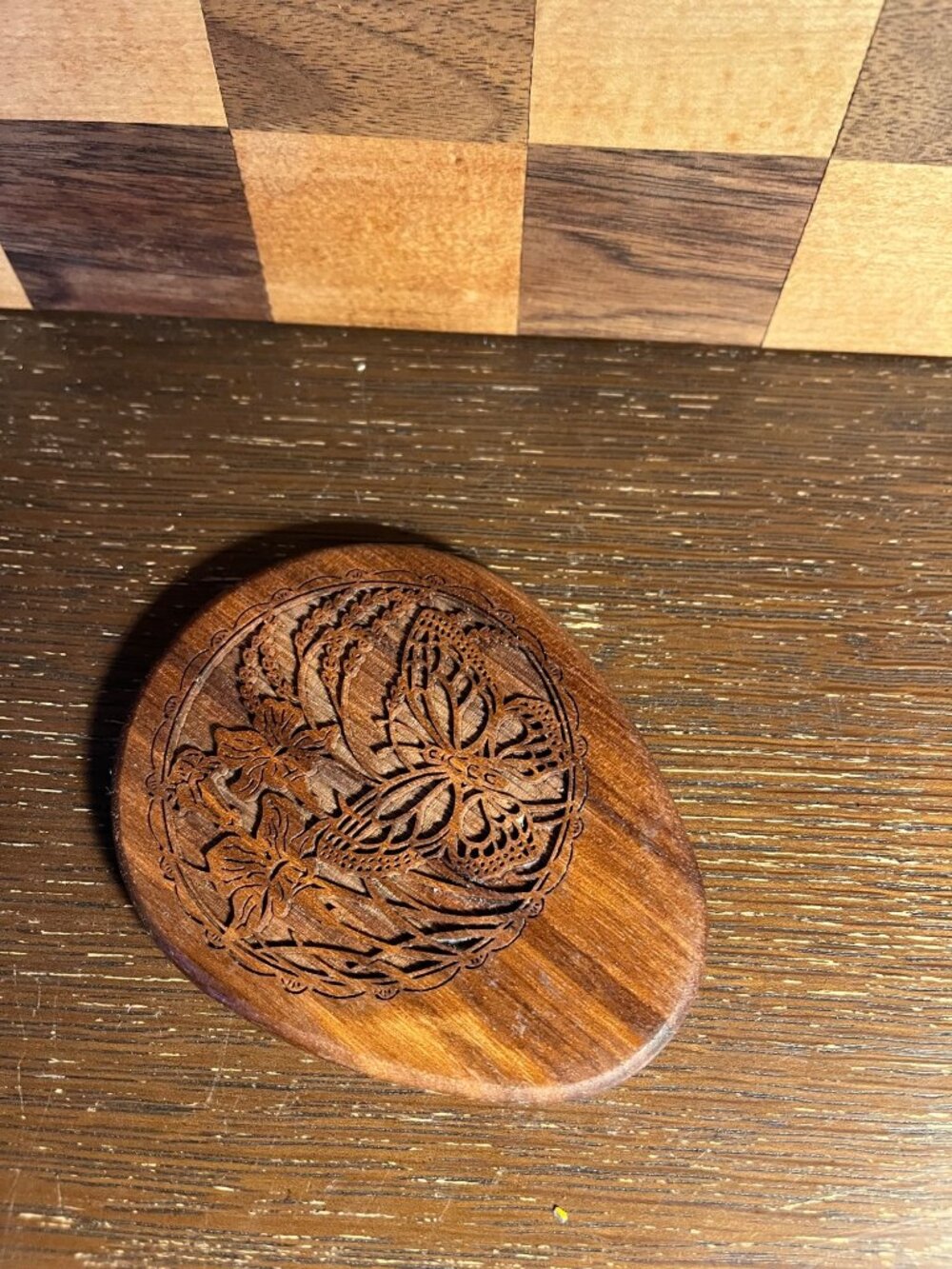 Wood Etched Butterfly and Iris Pocket Mirror, shows wear - Picture 2 of 4